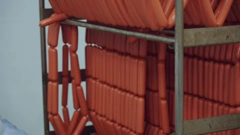 Meat processing plant conveyor, sausages at the meat processing plant Stock Footage 345933858