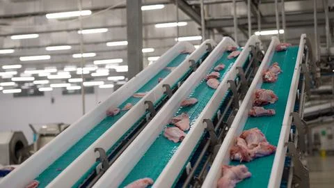 Meat processing plant, cut up fresh chicken carcasses without feathers, on .. Stock Photos