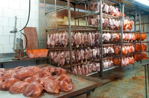 Meat processing plant, meat packaging Stock Photos