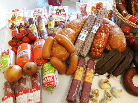 Meat processing plant product range Stock Photos