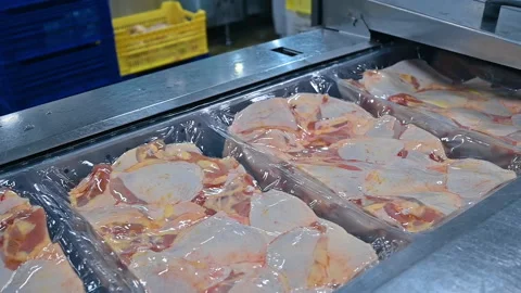 Meat processing plant. Ready chicken meat packaged Stock Footage 158318782