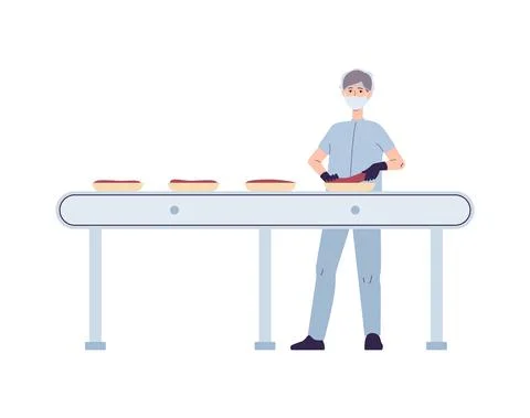 Meat processing plant with worker packing meat, vector illustration isolated. Stock Illustration