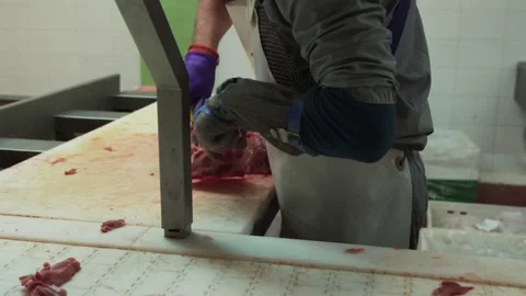 Meat processing plant. worker uses equipment for slicing meat Stock Footage 234217056