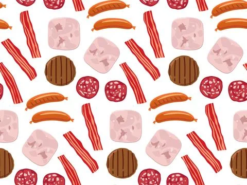 Meat product seamless pattern. Pieces of ham and sausages, cutlet, bacon. Vector 스톡 일러스트