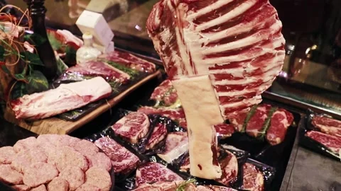 Meat products on the counter in the store Stock Footage 232610016