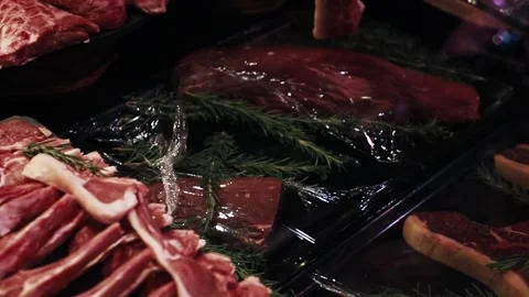 Meat products on the counter in the store Stock Footage 232610028