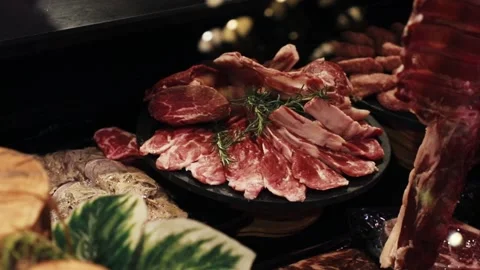 Meat products on the counter in the store Stock Footage 232610047