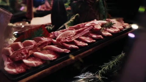 Meat products on the counter in the store Stock Footage 232610061