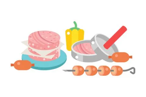 Meat products ingredient and rustic elements preparation equipment food flat Stock Illustration