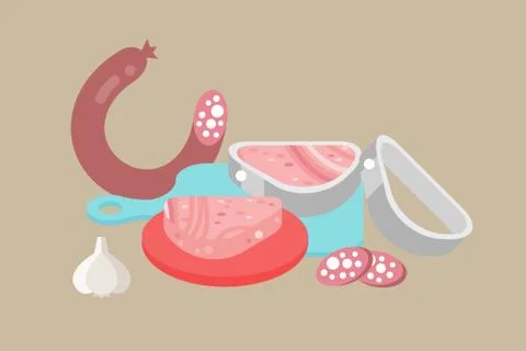 Meat products ingredient and rustic elements preparation equipment food flat Stock Illustration