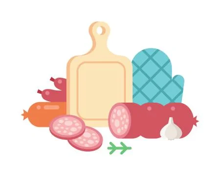 Meat products ingredient and rustic elements preparation equipment food flat 库存插图