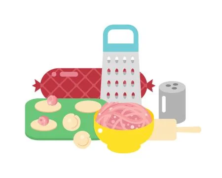 Meat products ingredient and rustic elements preparation equipment food flat Stock Illustration