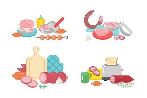 Meat products ingredient and rustic elements preparation equipment food flat Stock Illustration
