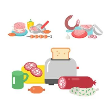 Meat products ingredient and rustic elements preparation equipment food flat Stock Illustration