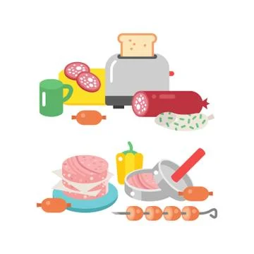 Meat products ingredient and rustic elements preparation equipment food flat Stock Illustration