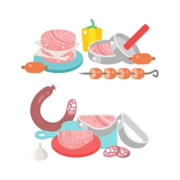 Meat products ingredient and rustic elements preparation equipment food flat Stock Illustration