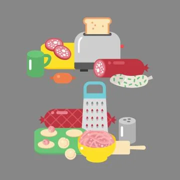 Meat products ingredient and rustic elements preparation equipment food flat Illustrazione stock