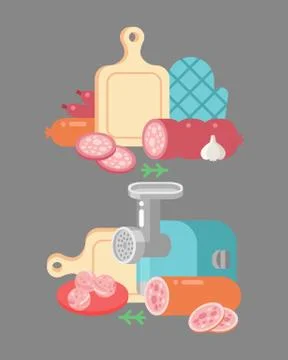 Meat products ingredient and rustic elements preparation equipment food flat Stock Illustration