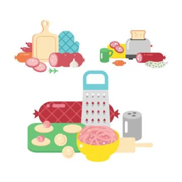 Meat products ingredient and rustic elements preparation equipment food flat Stock Illustration