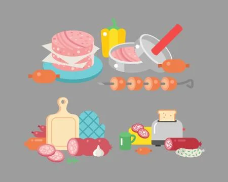 Meat products ingredient and rustic elements preparation equipment food flat Stock Illustration
