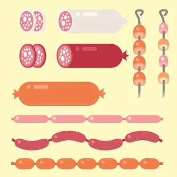 Meat products ingredient and rustic elements preparation equipment food flat Stock Illustration