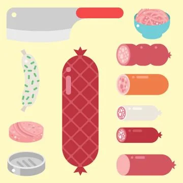 Meat products ingredient and rustic elements preparation equipment food flat Stockillustratie