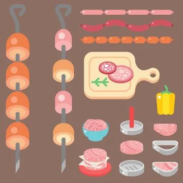 Meat products ingredient and rustic elements preparation equipment food flat Ilustración de archivo