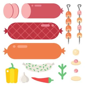 Meat products ingredient and rustic elements preparation equipment food flat Stock Illustration