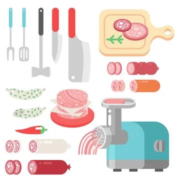 Meat products ingredient and rustic elements preparation equipment food flat イラスト素材