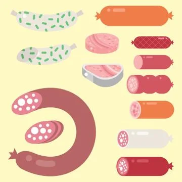 Meat products ingredient and rustic elements preparation equipment food flat Stock Illustration