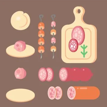 Meat products ingredient and rustic elements preparation equipment food flat Illustrazione stock