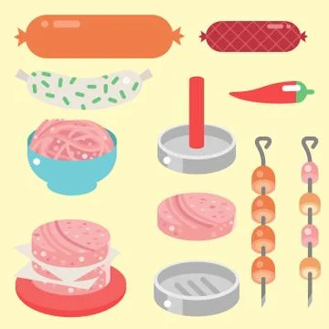 Meat products ingredient and rustic elements preparation equipment food flat Illustrazione stock