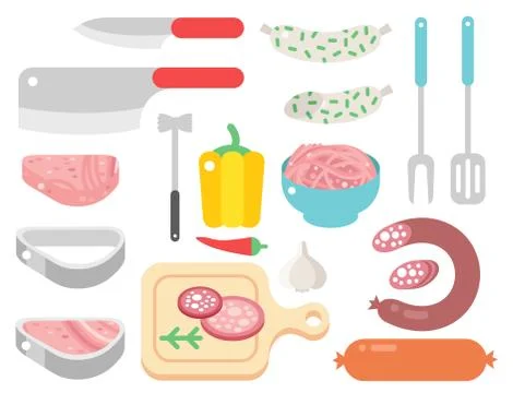 Meat products ingredient and rustic elements preparation equipment food flat 스톡 일러스트