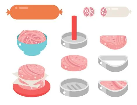 Meat products ingredient and rustic elements preparation equipment food flat Illustrazione stock