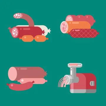 Meat products ingredient and rustic elements preparation equipment food flat Ilustración de archivo