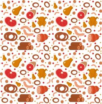 Meat products seamless pattern, flat style. Meats and sausage endless backg.. Stock Illustration
