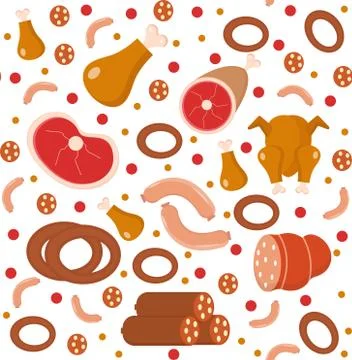 Meat products seamless pattern, flat style. Meats and sausage endless backg.. Stock Illustration