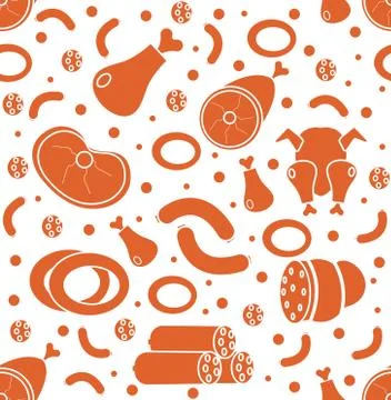 Meat products seamless pattern, flat style. Meats and sausage endless backg.. Stock Illustration