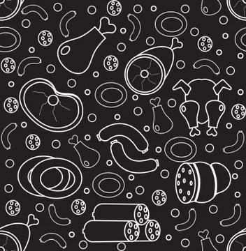 Meat products seamless pattern, modern line, doodle, sketch style. Meats an.. Stock Illustration
