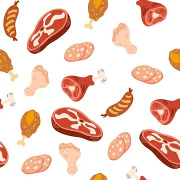 Meat products seamless pattern. Sausages, chicken, legs, steak, chop. Meat fo Stock Illustration