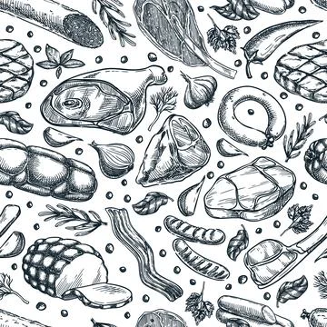 Meat products seamless pattern. Vector sketch illustration of salami, ham, .. Stock Illustration