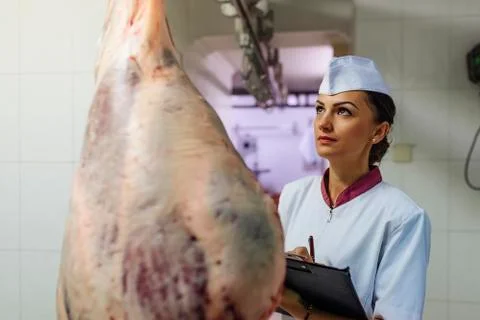 Meat quality control in butchery. Stock Photos