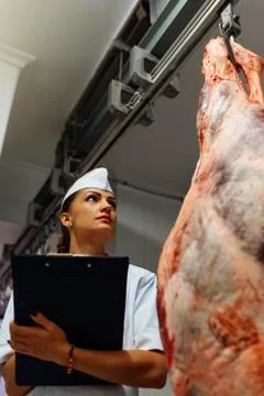 Meat quality control in butchery. Stock Photos