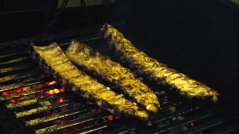 Meat ribs grilled. Barbeque. Beef ribs. Lamb ribs fried grilled Video stock 84252775
