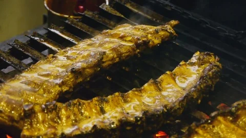 Meat ribs grilled. Barbeque. Beef ribs. Lamb ribs fried grilled Video stock 84252783