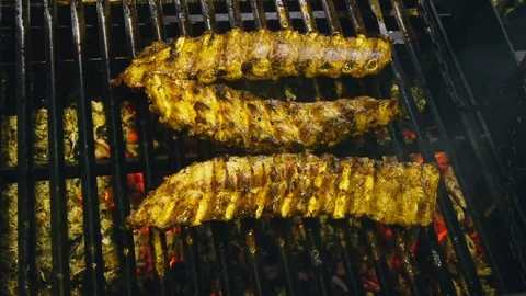 Meat ribs grilled. Barbeque. Beef ribs. Lamb ribs fried grilled Video stock 84252816