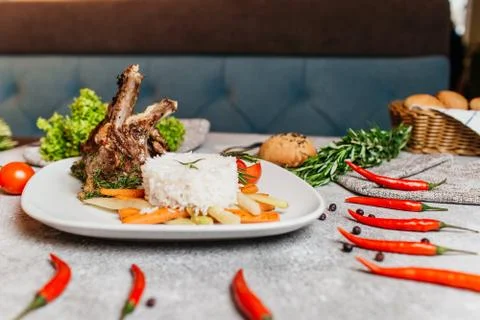 Meat with rice in cafe on table. Stock Photos
