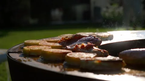 Meat at a ring of fire Stock Footage 243929979