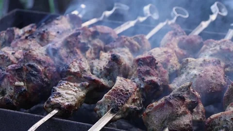 The meat is roasted on fire. Kebab. Meat and smoke. Stock Footage 217398002