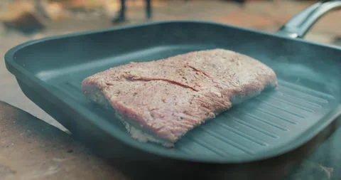 Meat roasting on fire, cooking steak on a pan in nature on a hike Stock Footage 264141933
